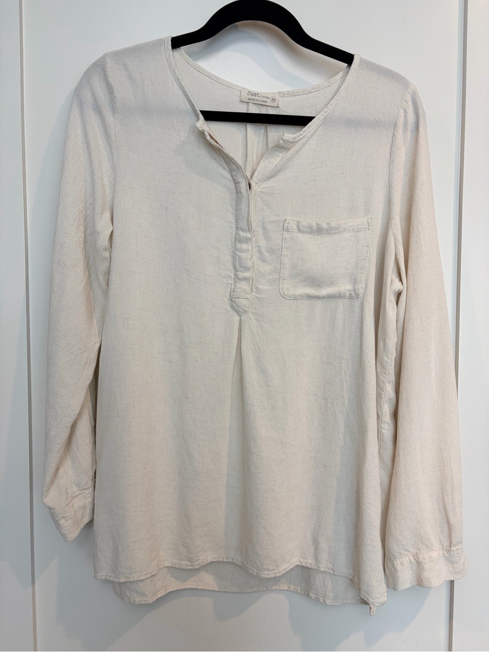 Just Living Ivory Boho Tunic Blouse Medium Roll Tab Sleeve